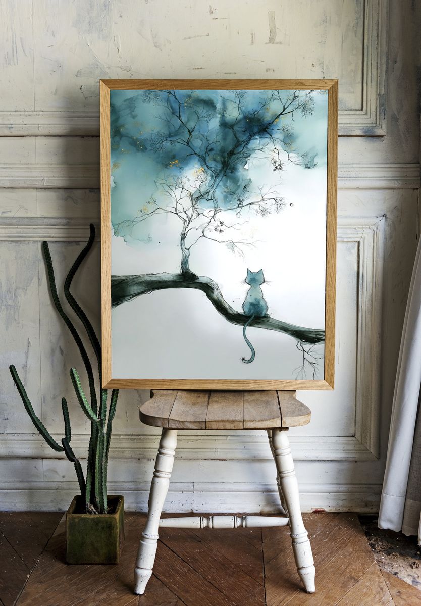 Cat on Branch Watercolor Print. — room view 1