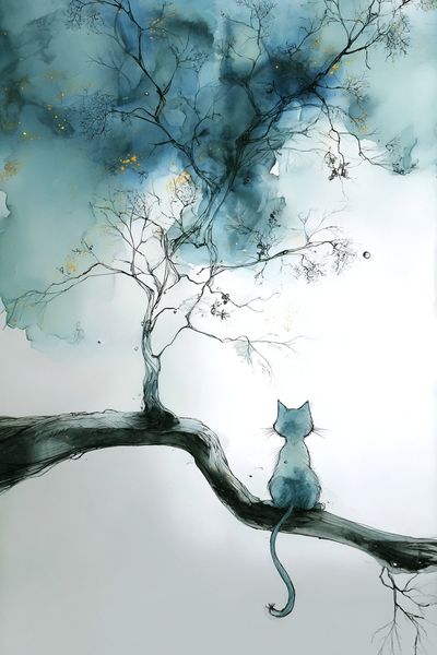 Cat on Branch Watercolor Print. poster