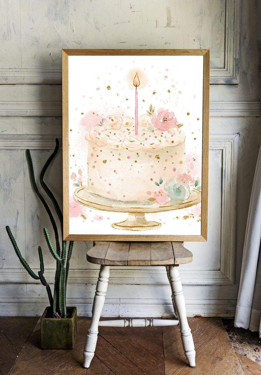 Floral Birthday Cake Illustration Poster. — room view 1