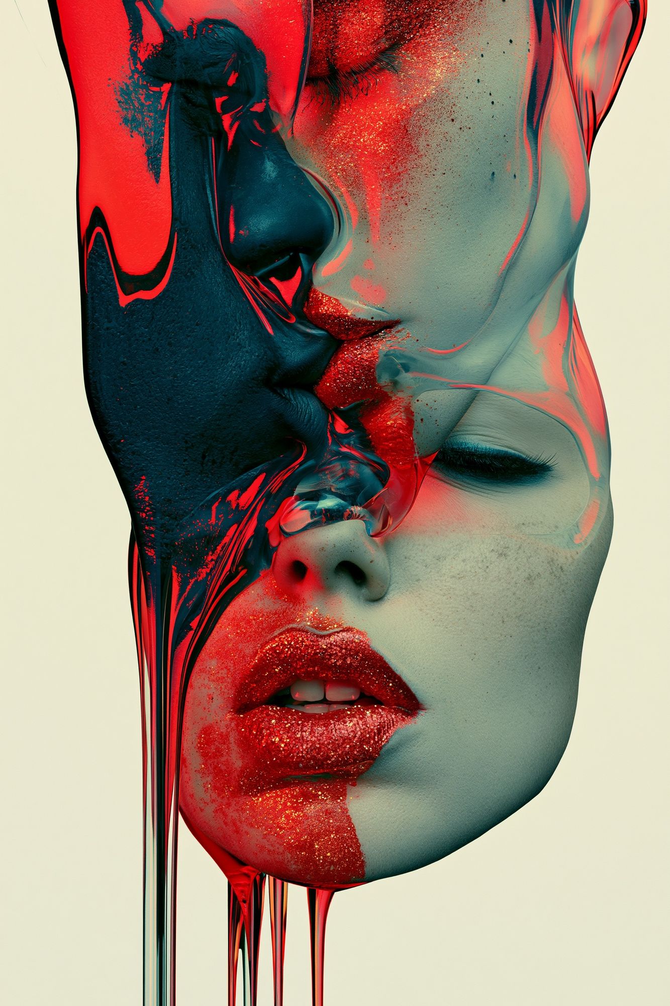 Surreal Neon Face Portrait Print. poster — illustration art