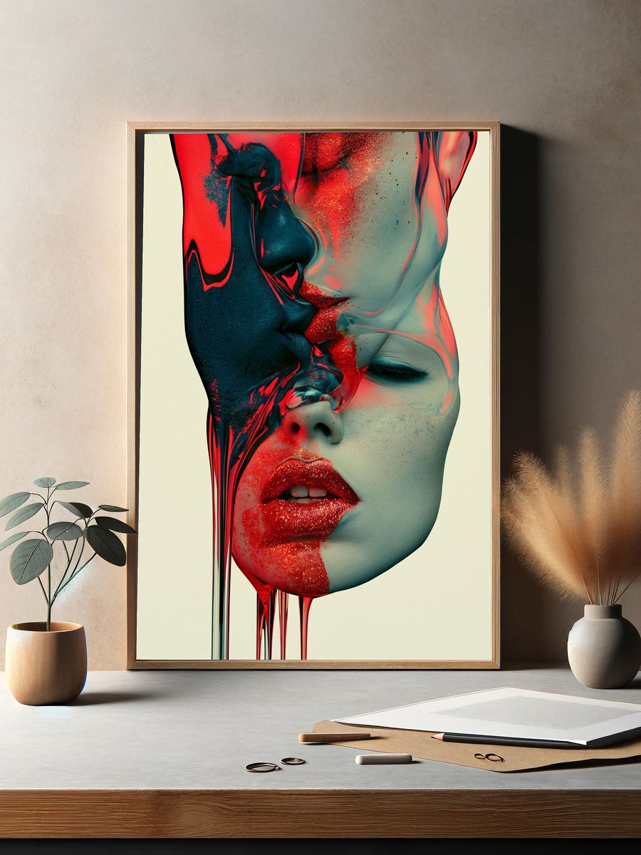 Surreal Neon Face Portrait Print. — room view 2