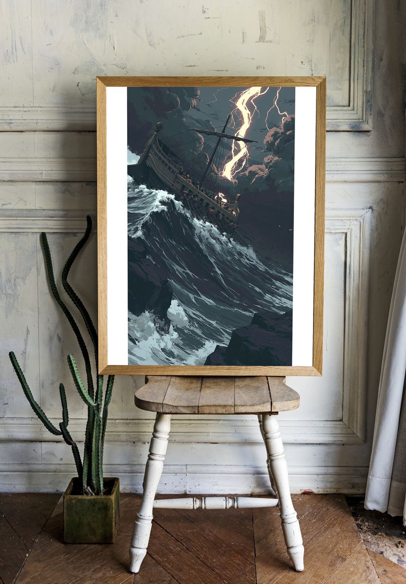Storm-Tossed Ship Illustration Poster. — room view 1