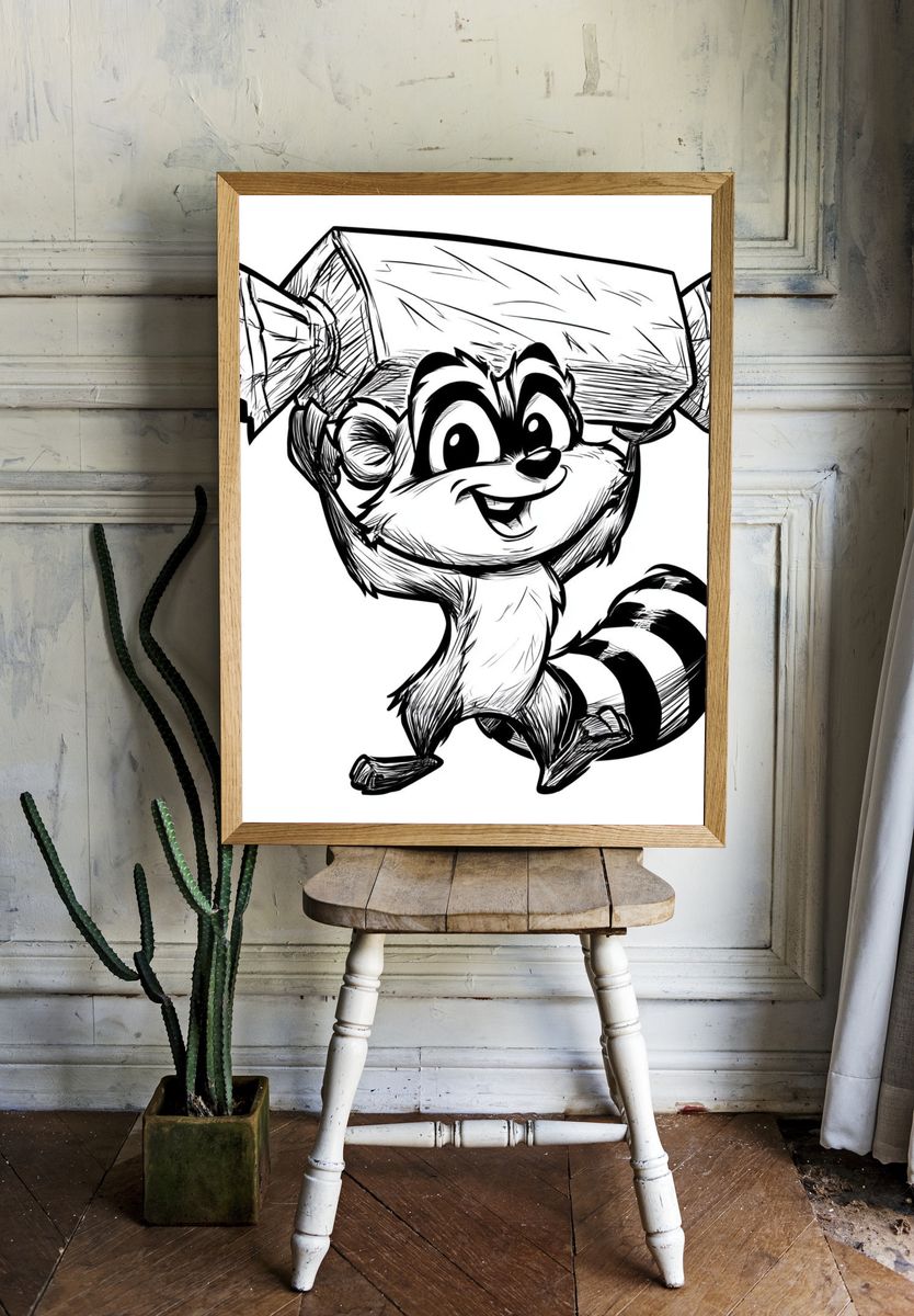Cute Raccoon Ink Illustration Poster. room preview