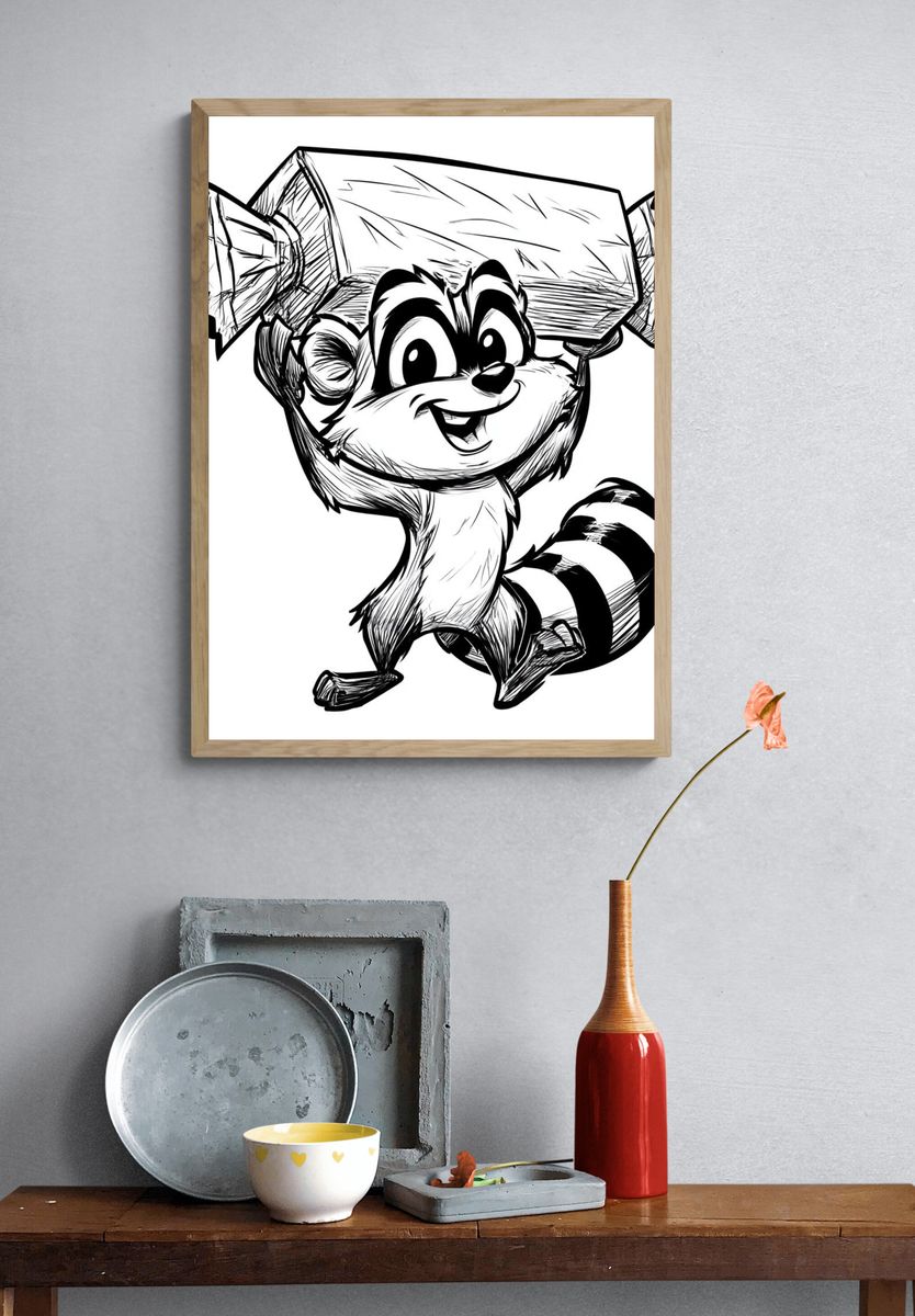 Cute Raccoon Ink Illustration Poster. — room view 3