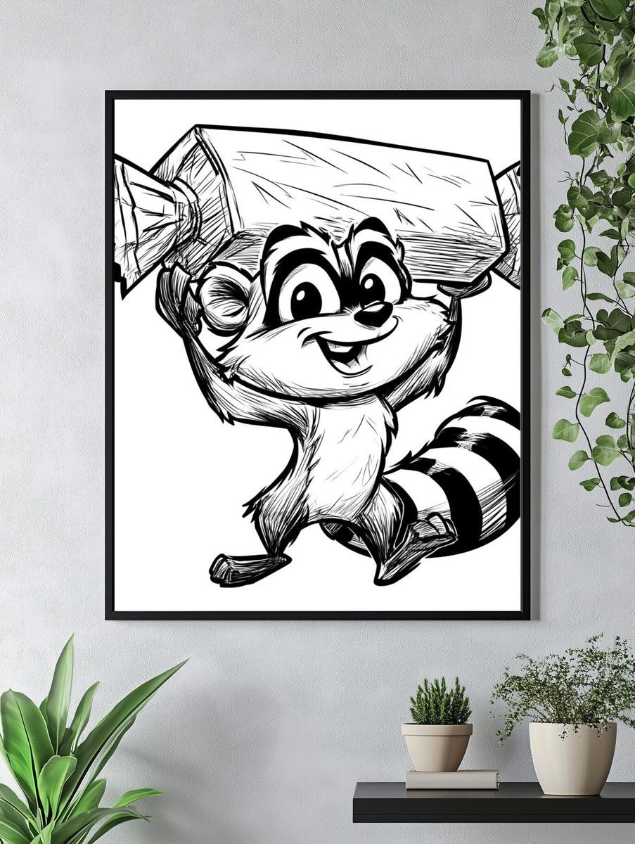 Cute Raccoon Ink Illustration Poster. — room view 4