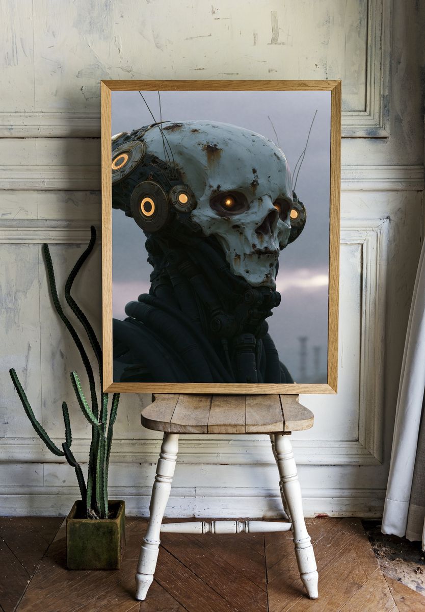 Cyber Skull Portrait Print. room preview