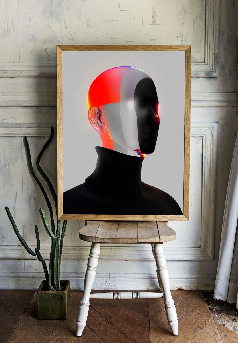 Neon Chrome Head Abstract Print room preview