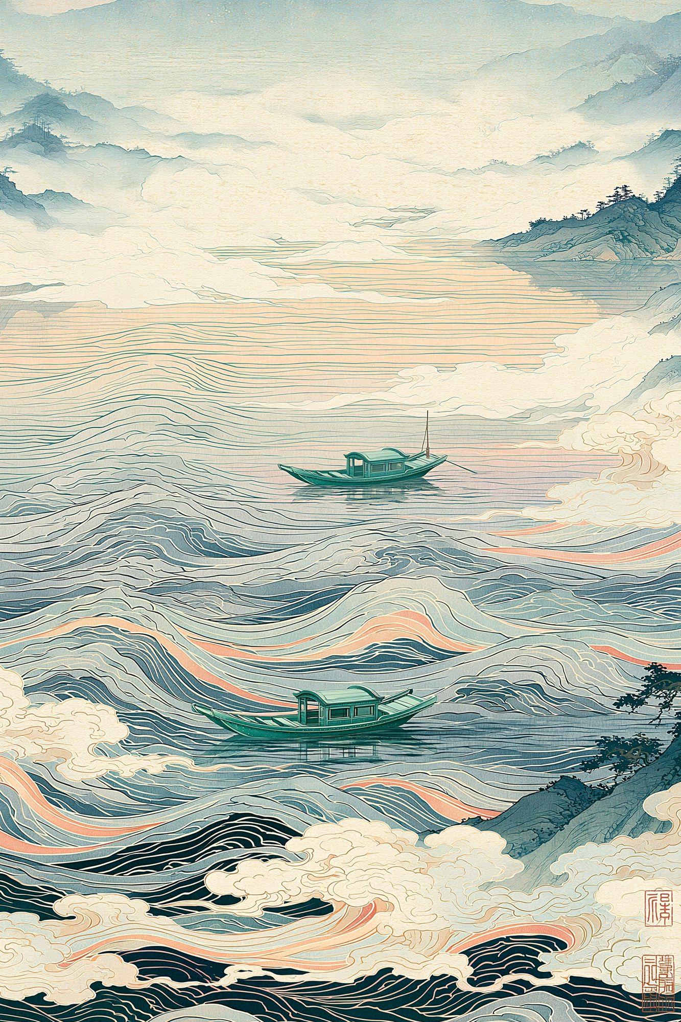 Misty River Boats Illustration Print. poster — illustration art