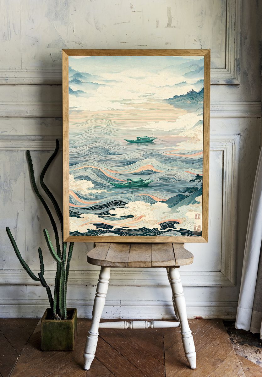 Misty River Boats Illustration Print. — room view 1
