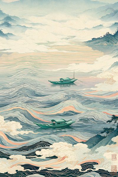 Misty River Boats Illustration Print. poster