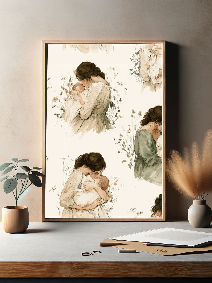 Mother and Baby Watercolor Print. — room view 2