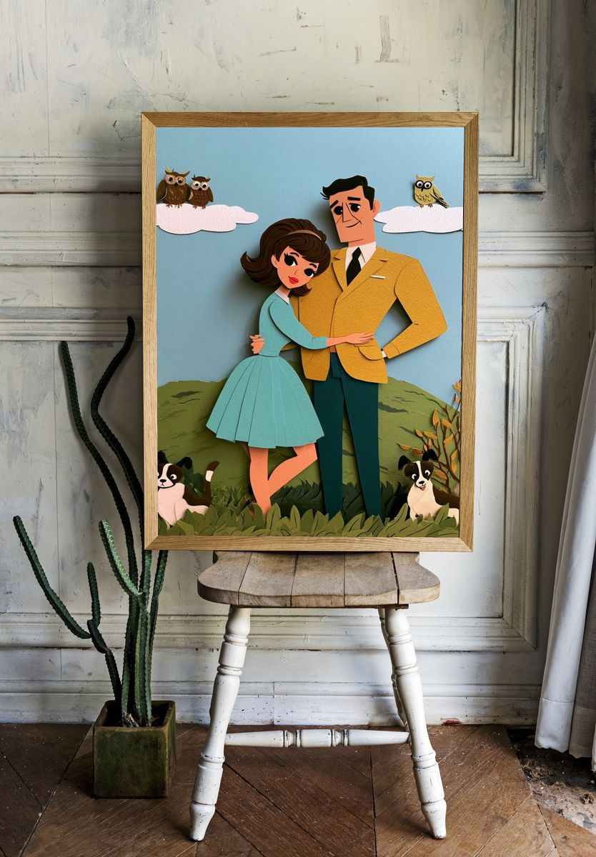 Paper Cut Couple Illustration Poster. — room view 1