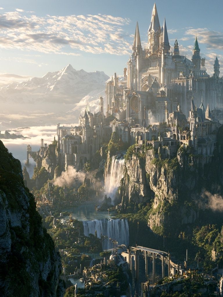 Fantasy Castle Mountain Landscape Print. poster — illustration art