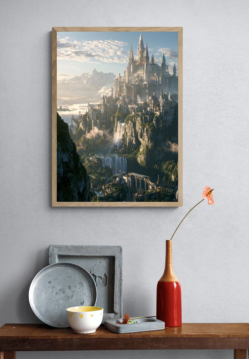 Fantasy Castle Mountain Landscape Print. — room view 3