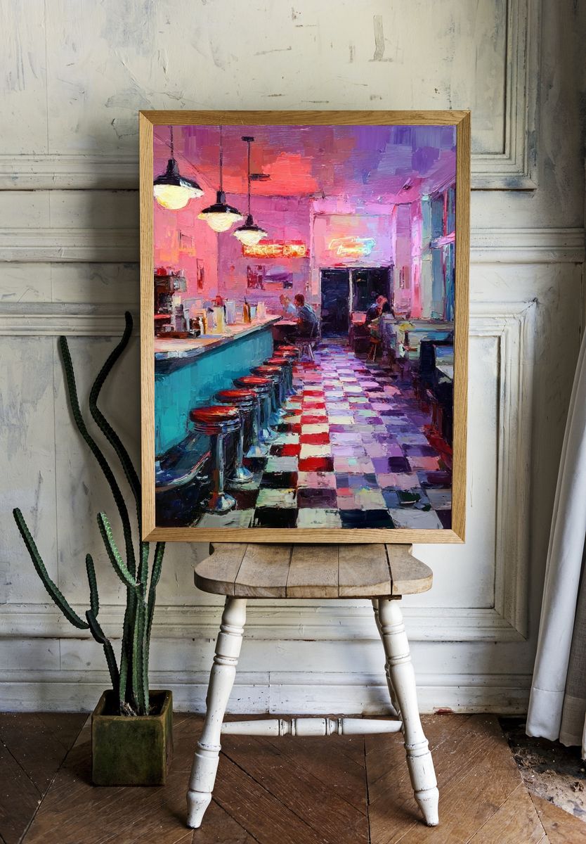 Neon Diner Interior Illustration Poster. room preview