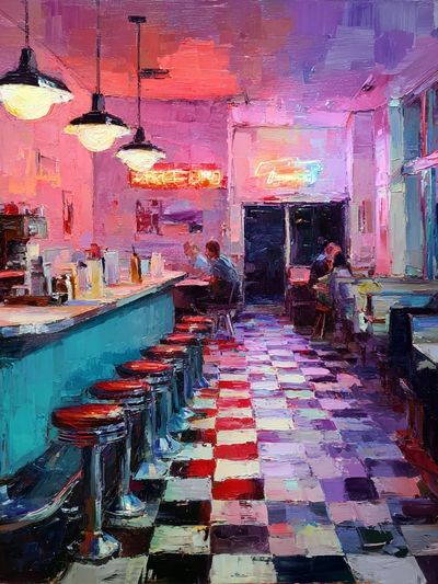 Neon Diner Interior Illustration Poster. poster print