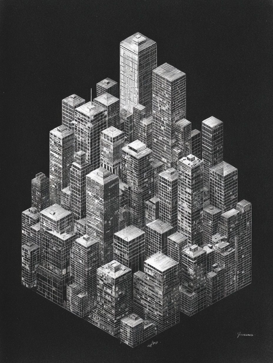 Monochrome Cityscape Illustration Poster. poster detail