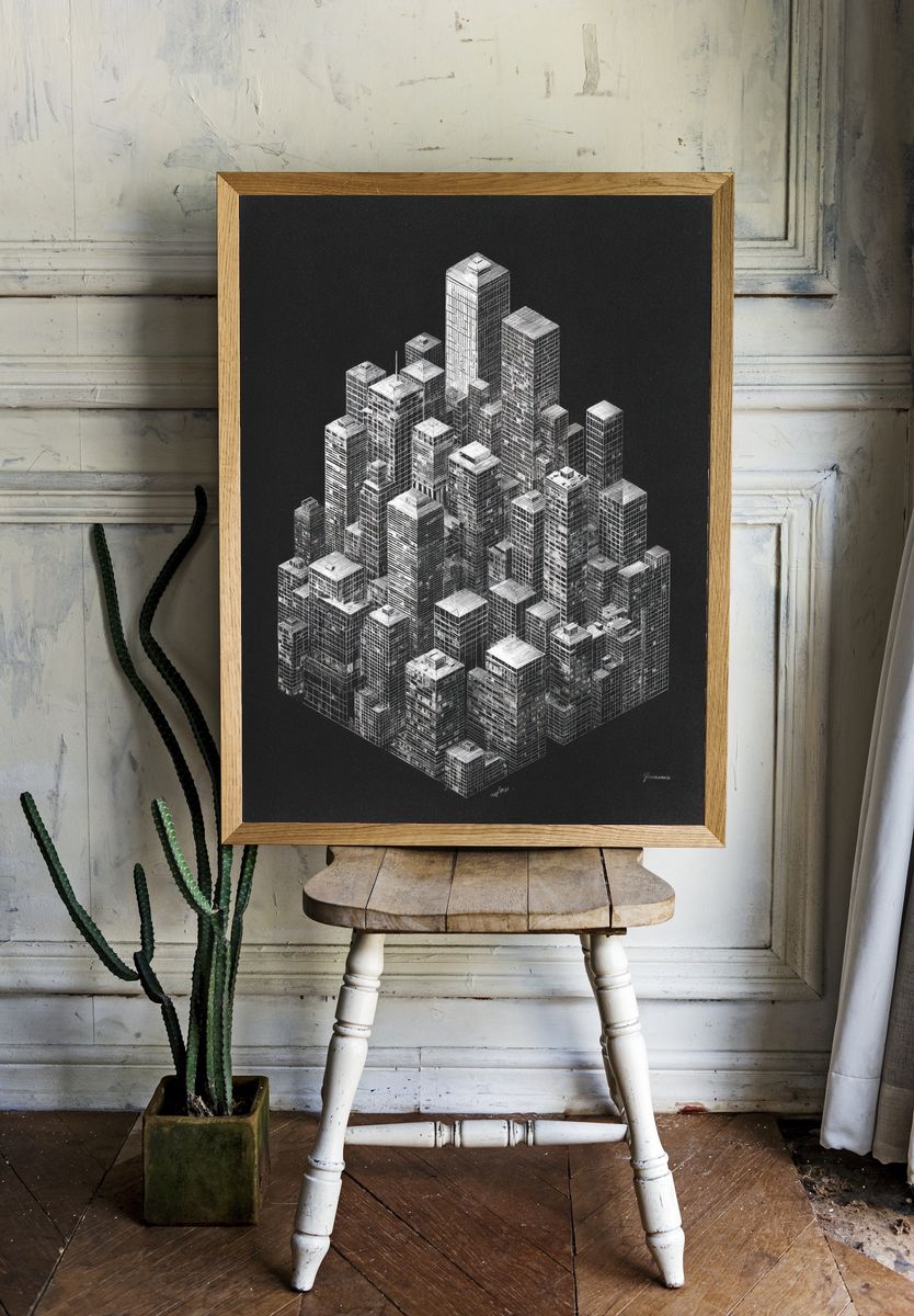 Monochrome Cityscape Illustration Poster. room preview