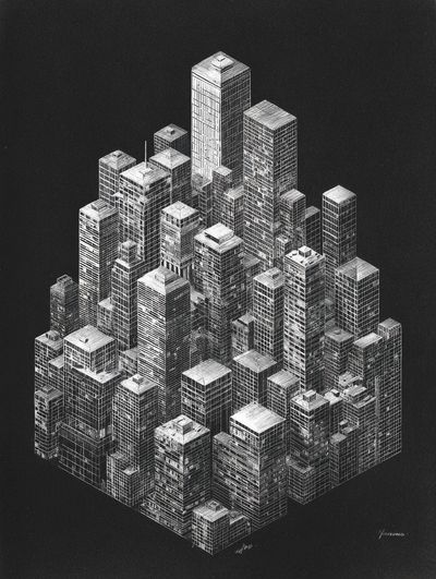 Monochrome Cityscape Illustration Poster. poster print