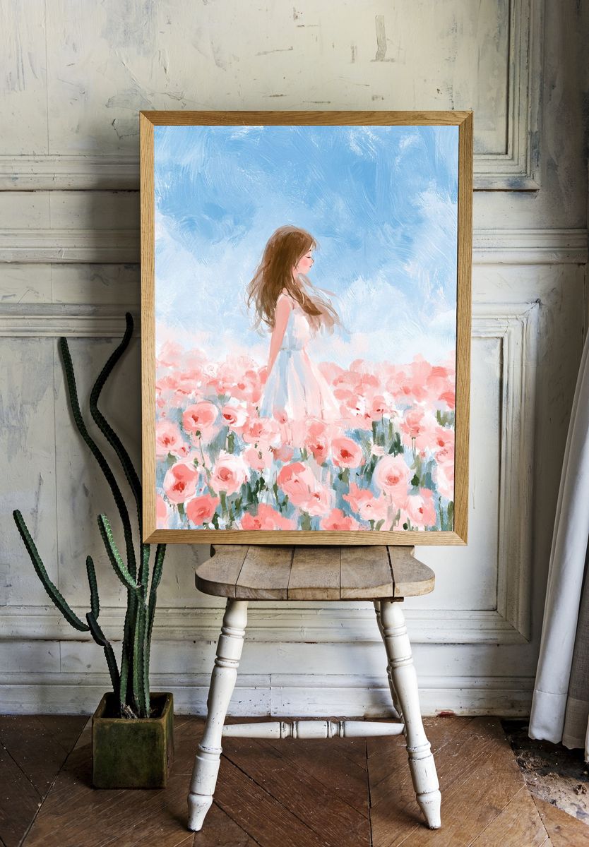 Girl in Rose Garden Illustration Poster. — room view 1