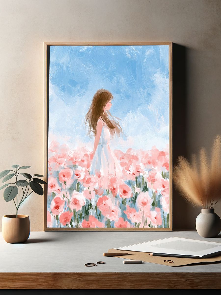 Girl in Rose Garden Illustration Poster. — room view 2