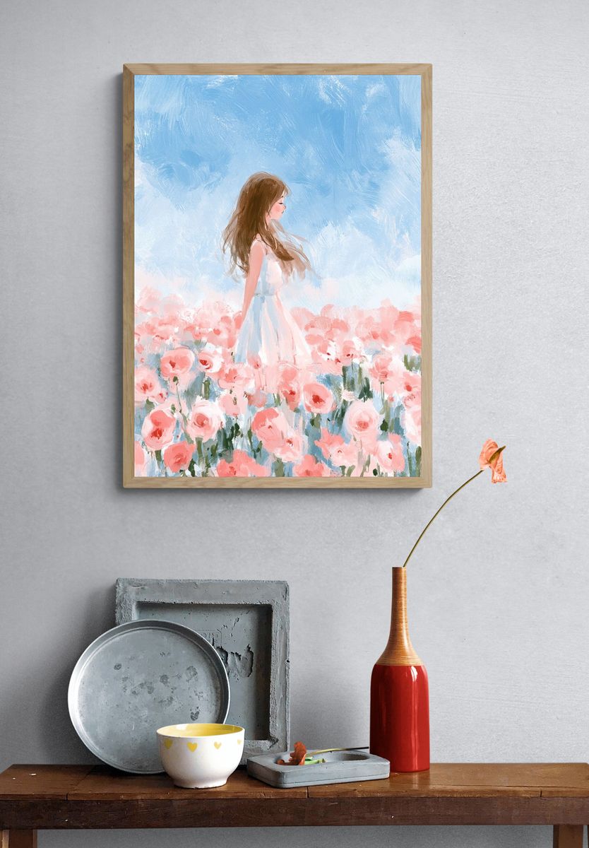 Girl in Rose Garden Illustration Poster. — room view 3