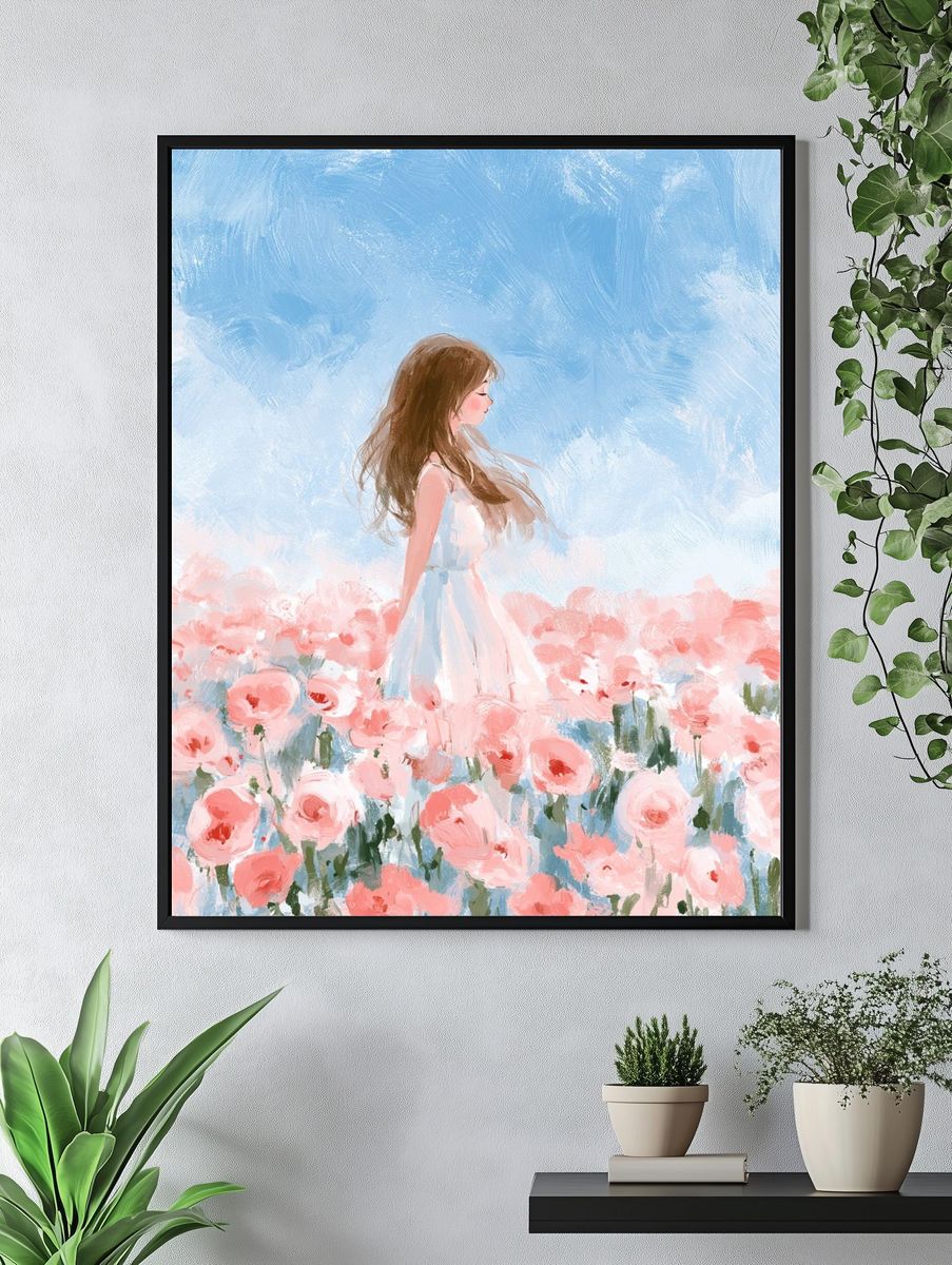 Girl in Rose Garden Illustration Poster. — room view 4