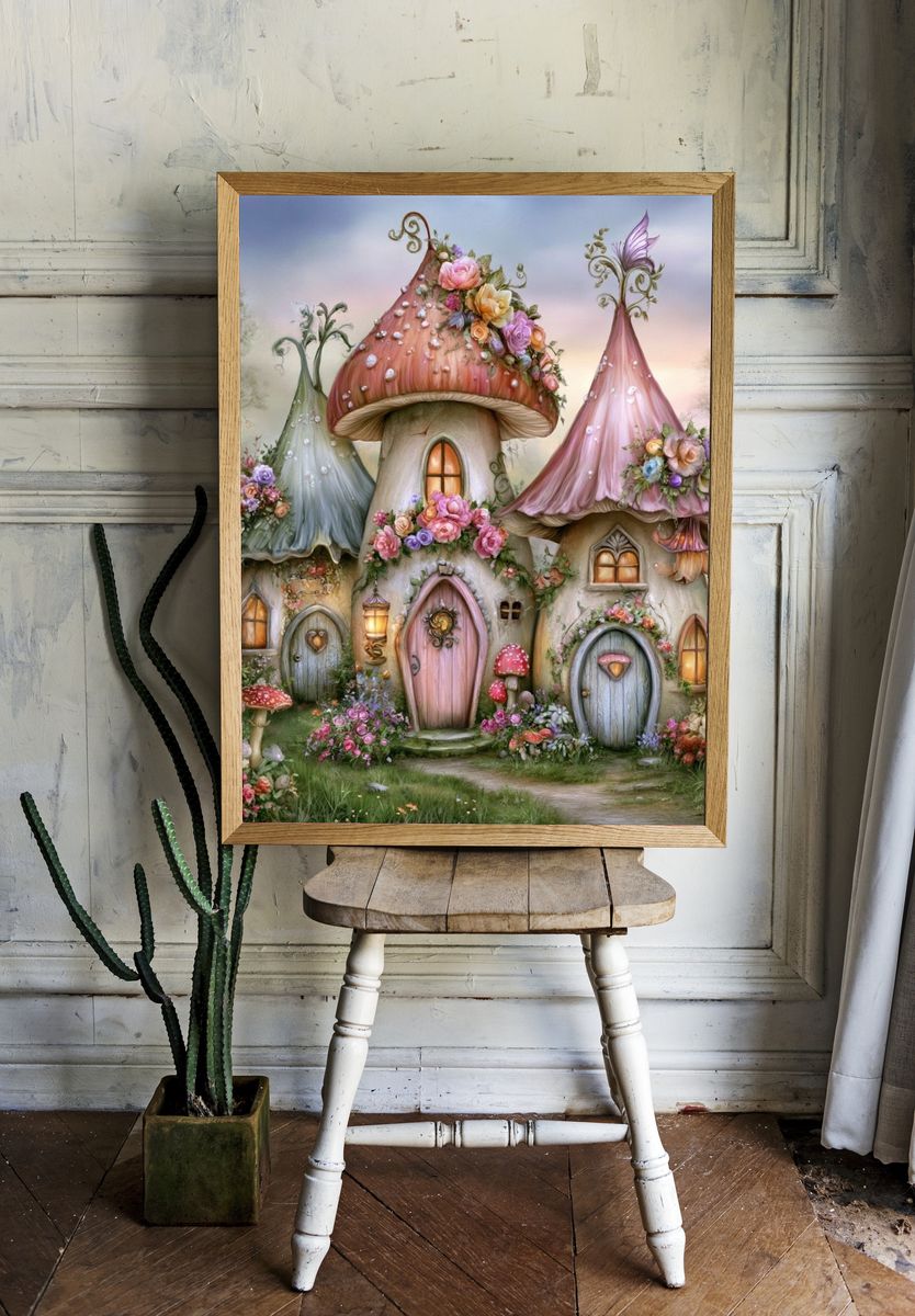 Enchanted Mushroom Cottage Print. room preview