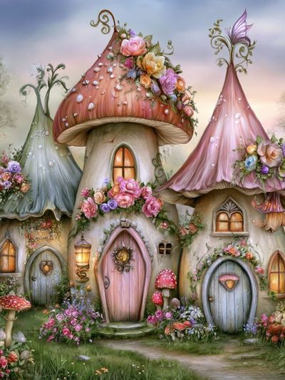 Enchanted Mushroom Cottage Print. poster