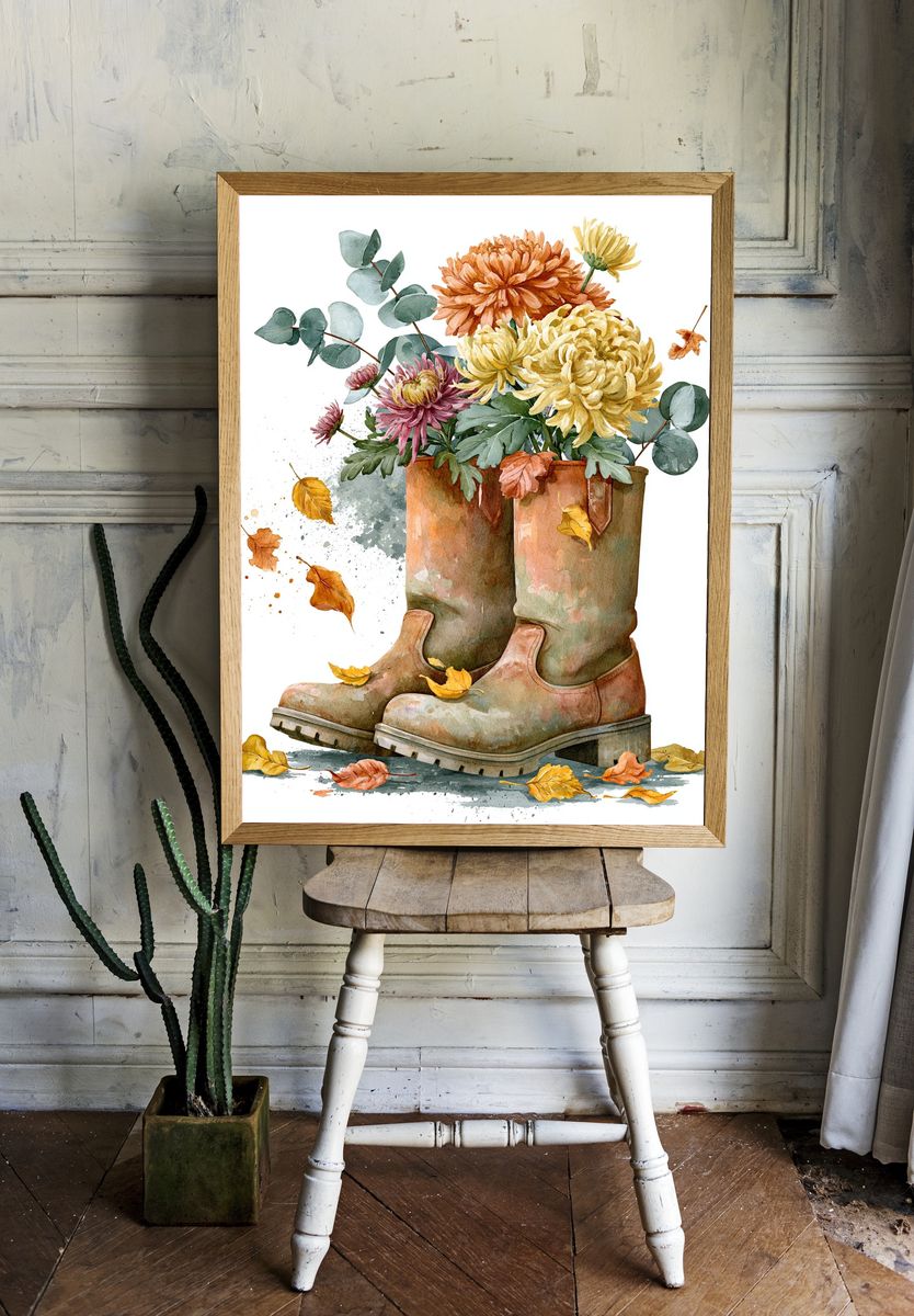 Autumn Boots Watercolor Print. room preview