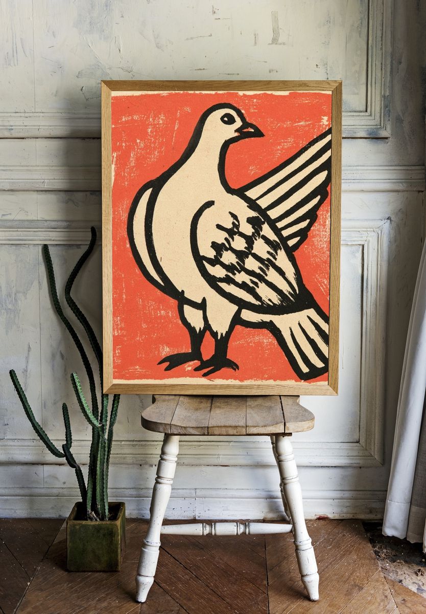 Pigeon Linocut Illustration Poster. — room view 1