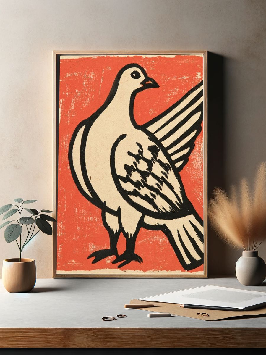 Pigeon Linocut Illustration Poster. — room view 2
