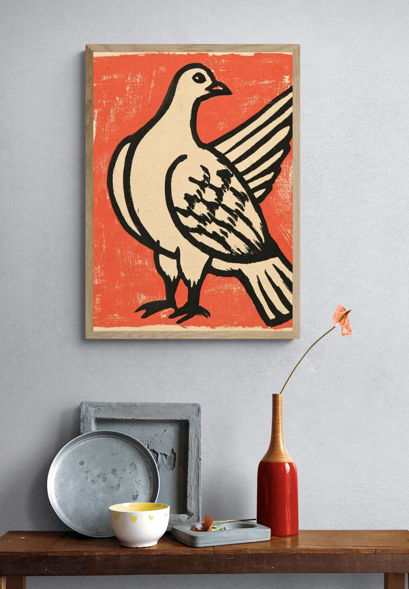 Pigeon Linocut Illustration Poster. — room view 3