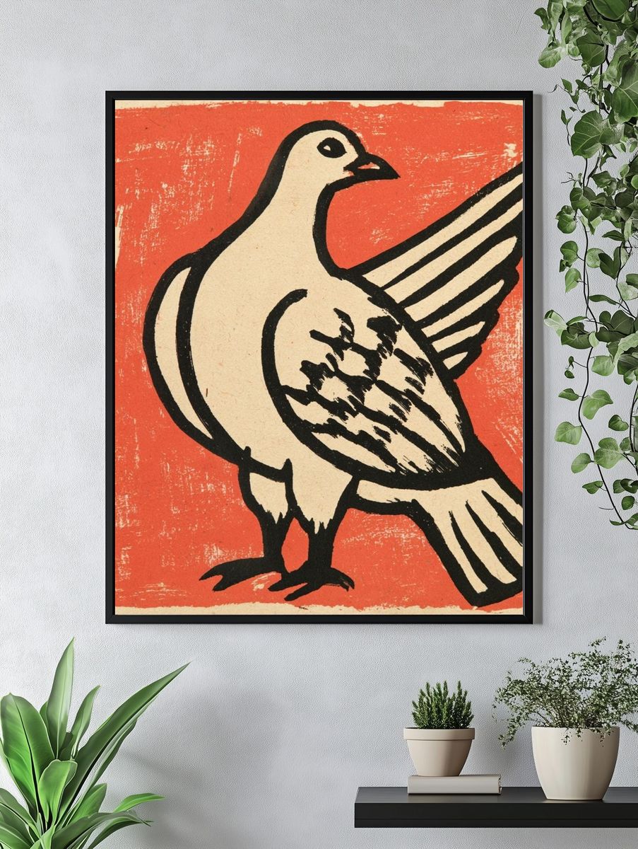 Pigeon Linocut Illustration Poster. — room view 4