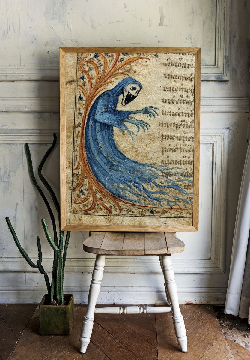 Medieval Blue Monster Illustration Poster. room preview