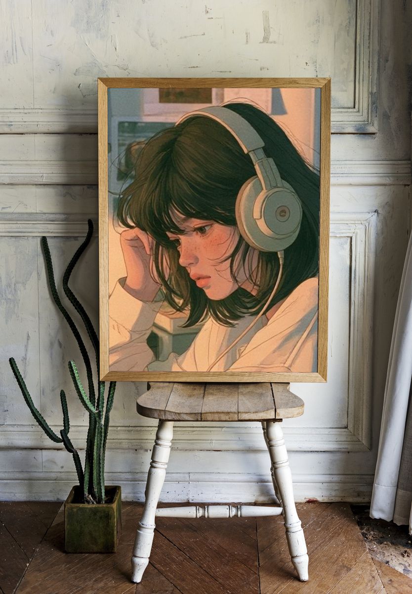 Girl with Headphones Illustration Poster. — room view 1