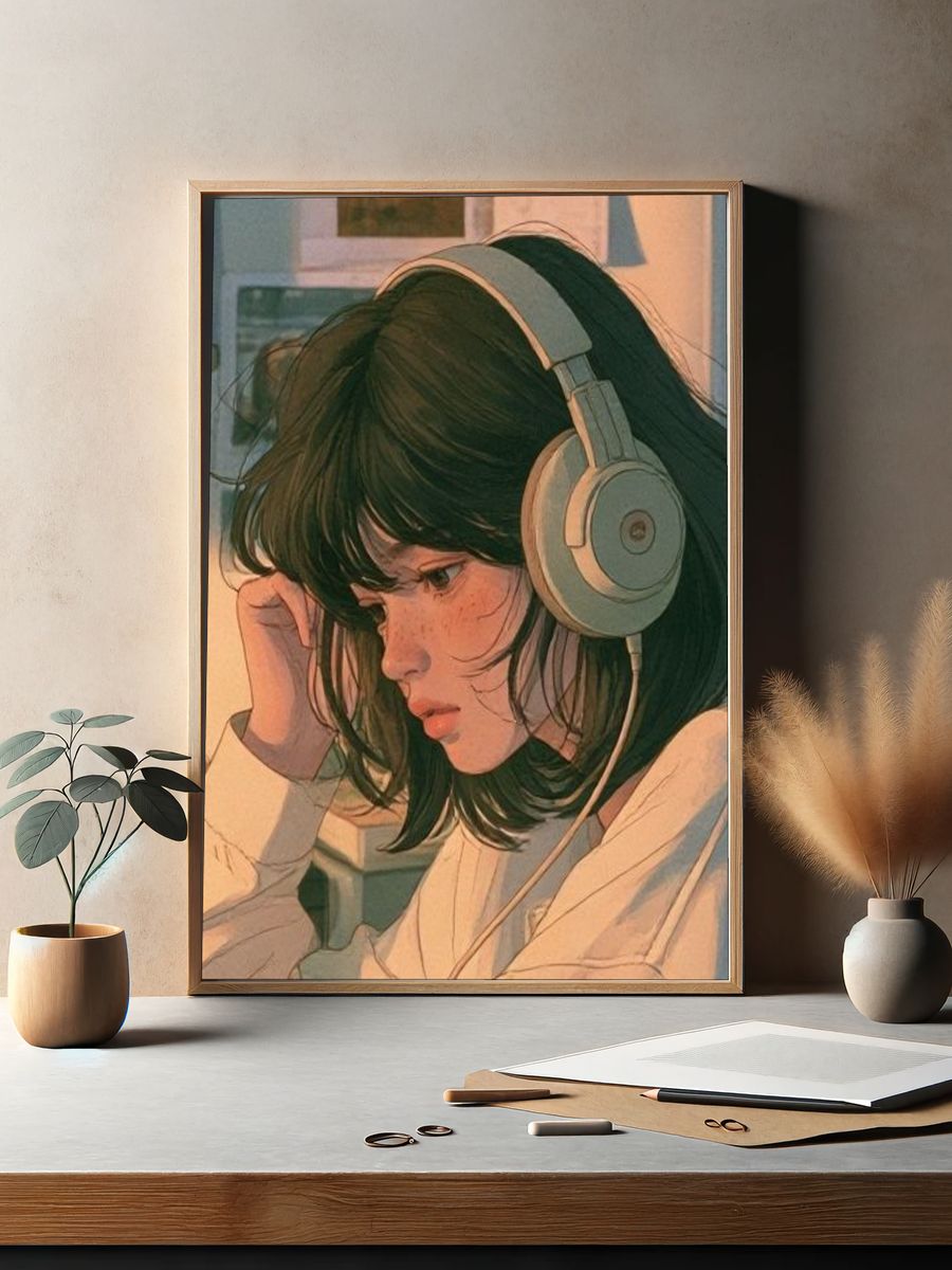 Girl with Headphones Illustration Poster. — room view 2