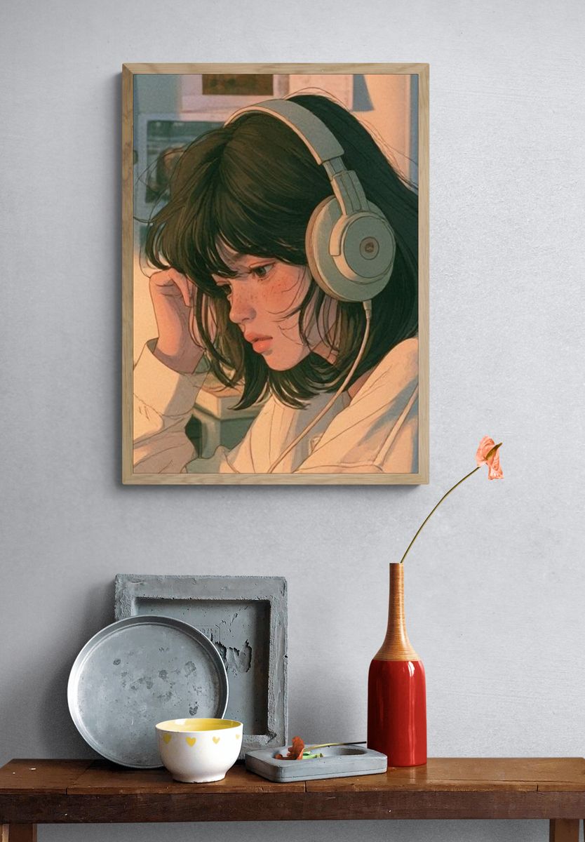 Girl with Headphones Illustration Poster. — room view 3