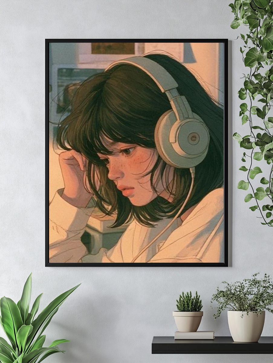 Girl with Headphones Illustration Poster. — room view 4