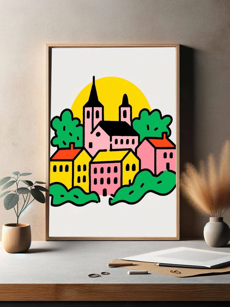 Colorful Village Illustration Poster. — room view 2