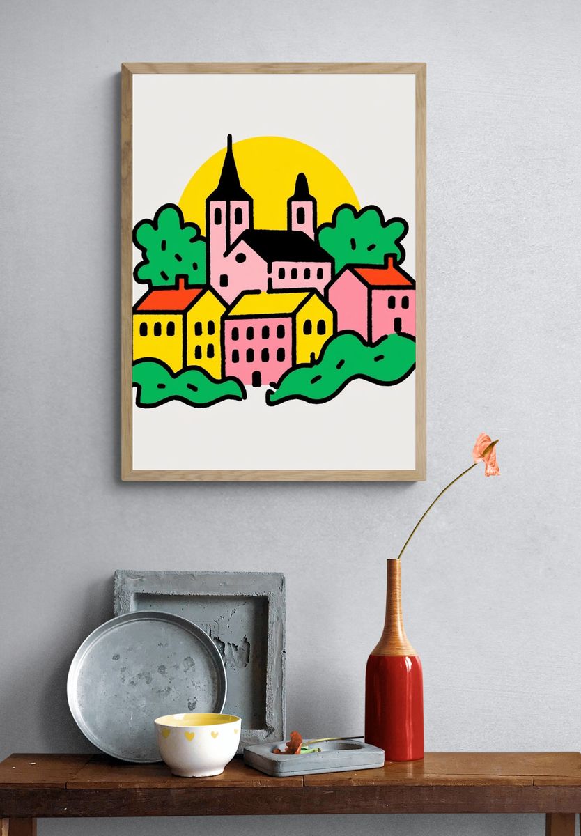 Colorful Village Illustration Poster. — room view 3