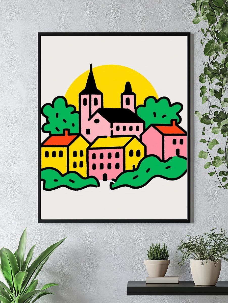 Colorful Village Illustration Poster. — room view 4