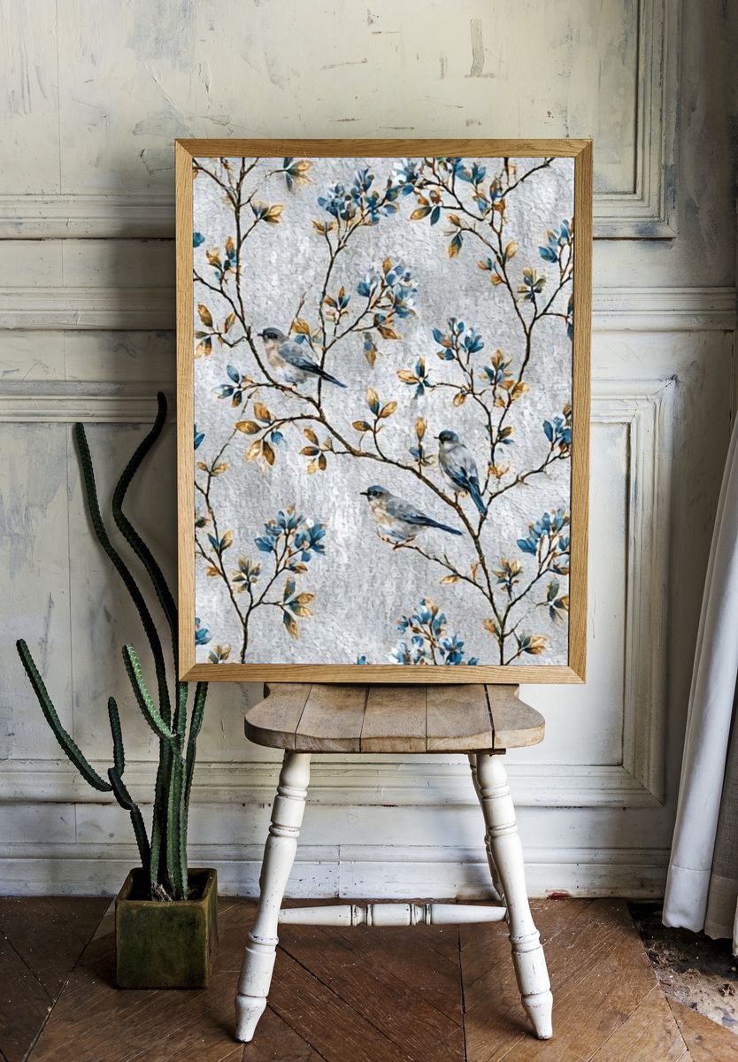 Blue Birds on Branches Illustration Poster. — room view 1