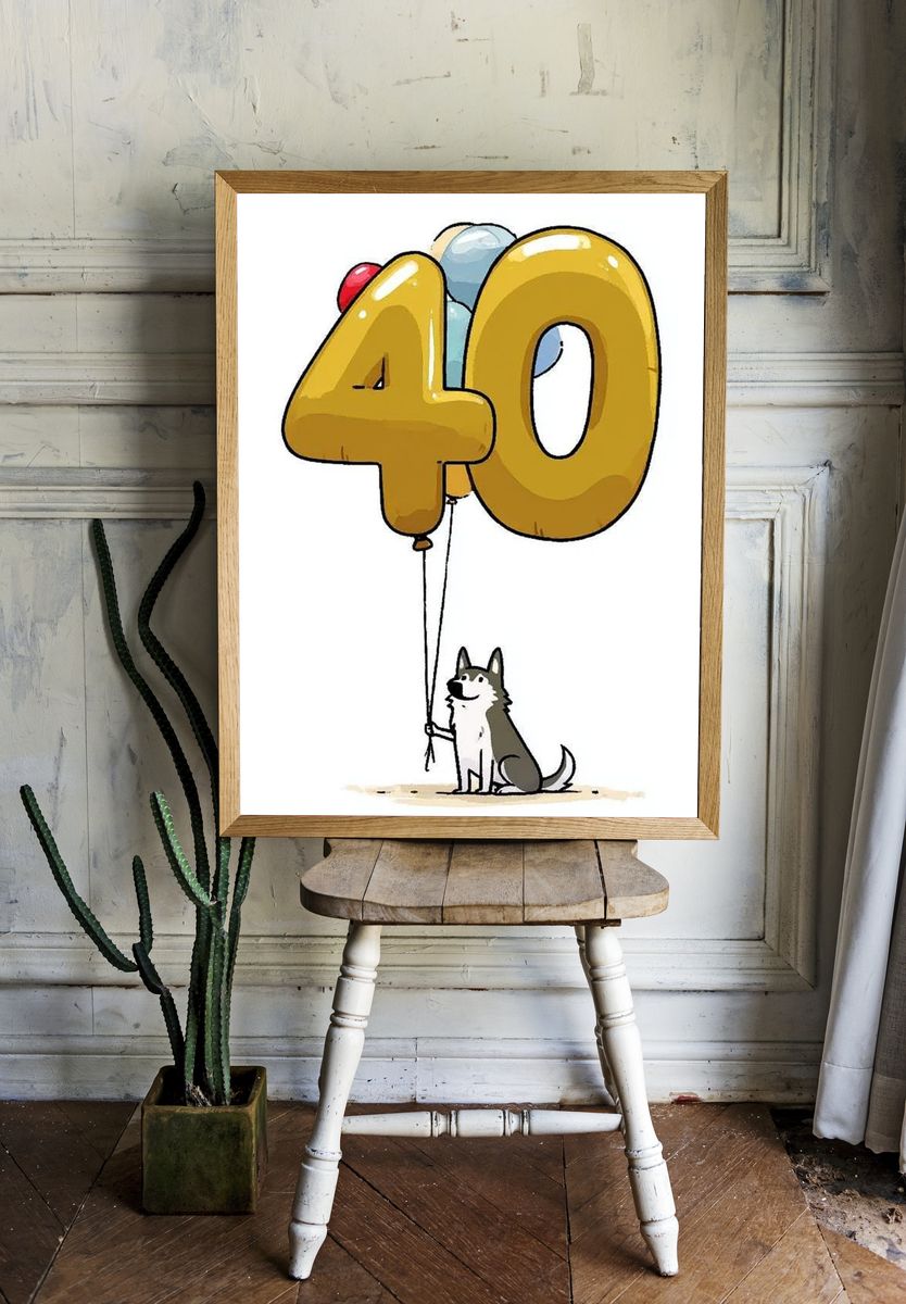 40th Birthday Dog Illustration Poster. — room view 1