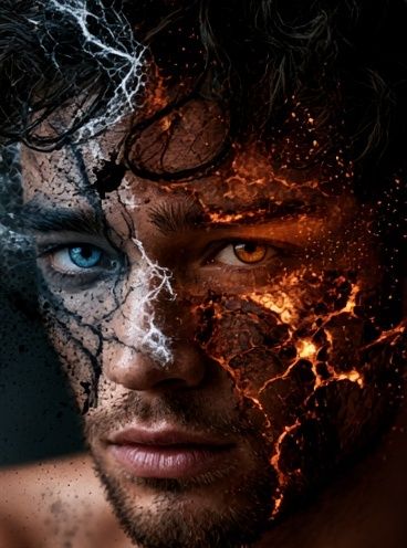 Dual-Face Fire and Ice Portrait Poster. poster — illustration art