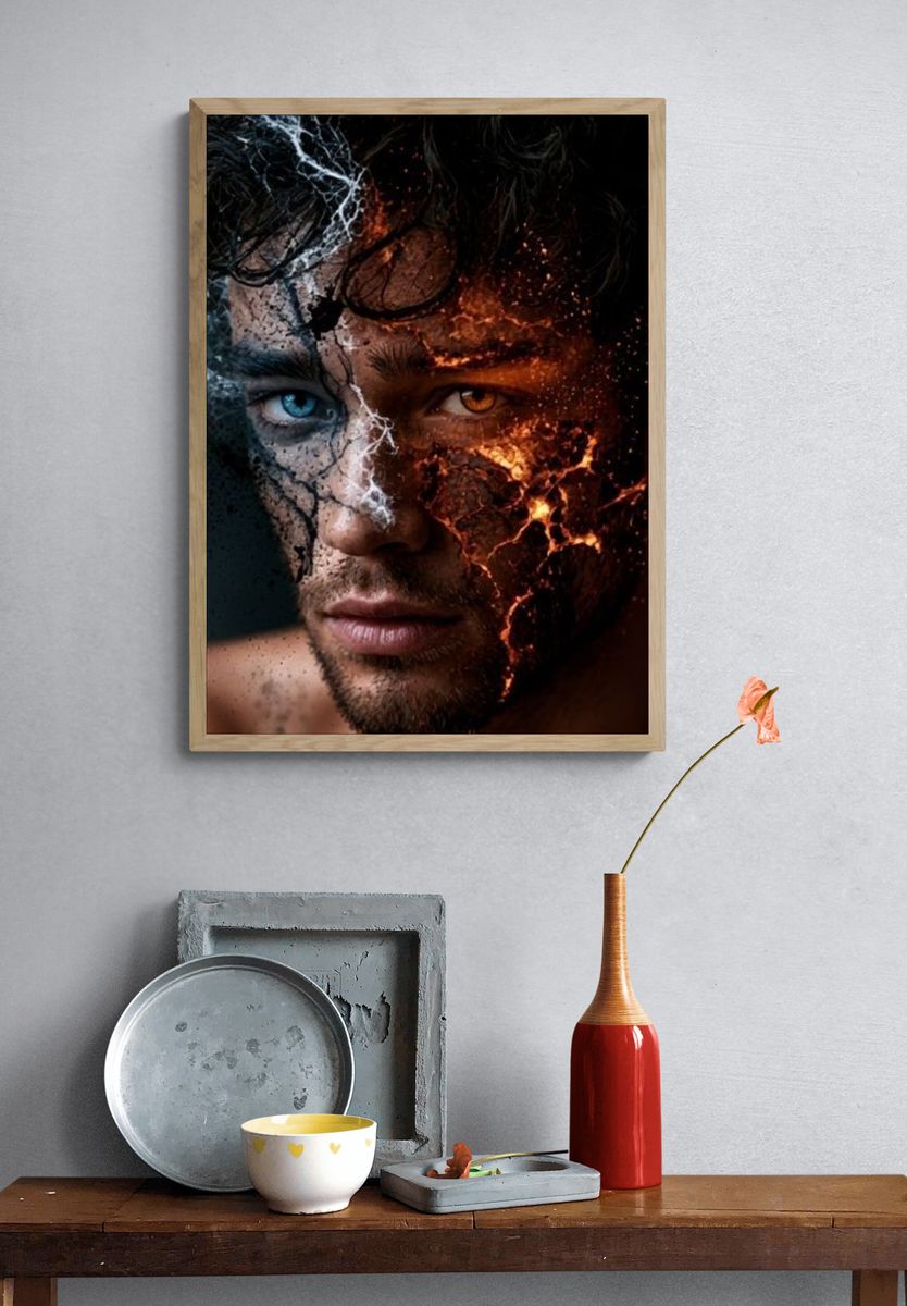 Dual-Face Fire and Ice Portrait Poster. — room view 3