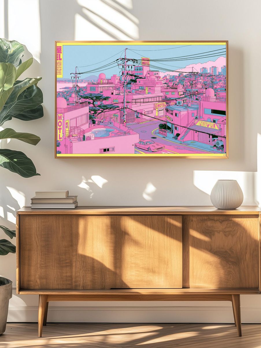 Neon Motel Cityscape Illustration Poster. — room view 3