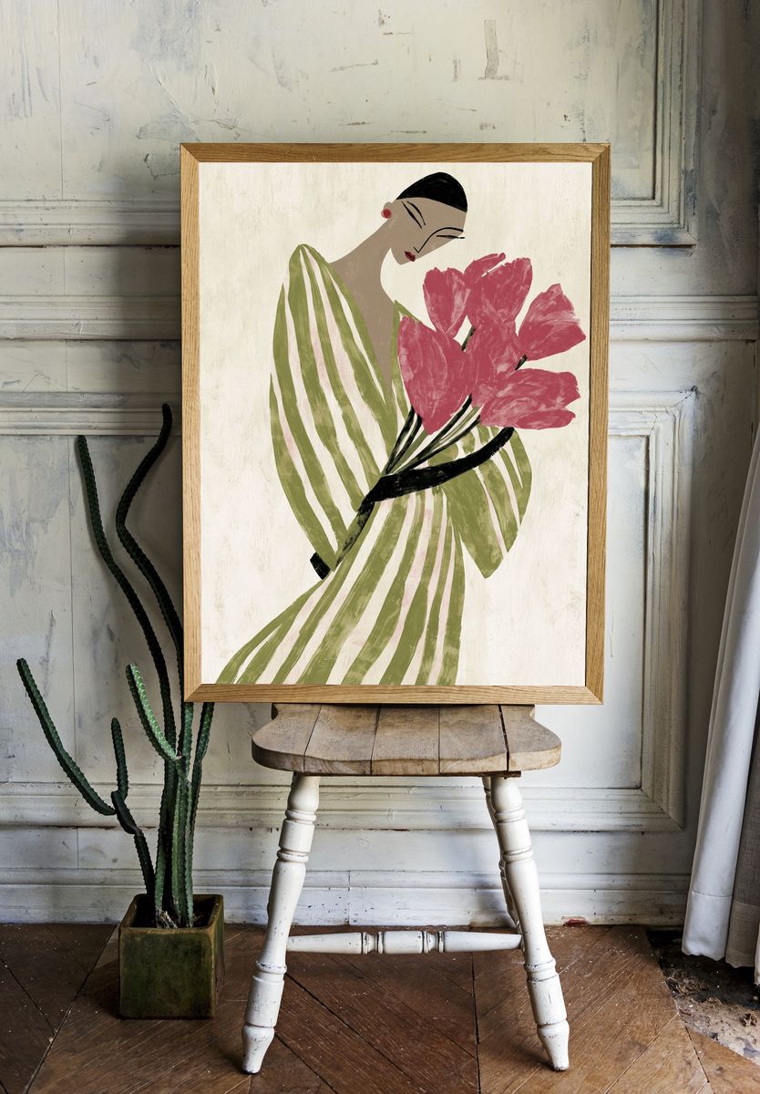 Elegant Woman with Flowers Illustration Poster. room preview