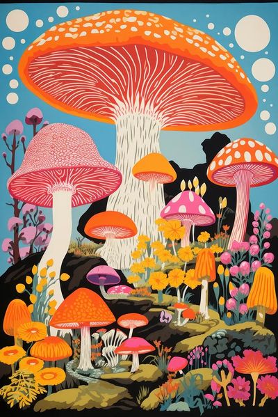 Psychedelic Mushroom Garden Illustration Poster. poster print