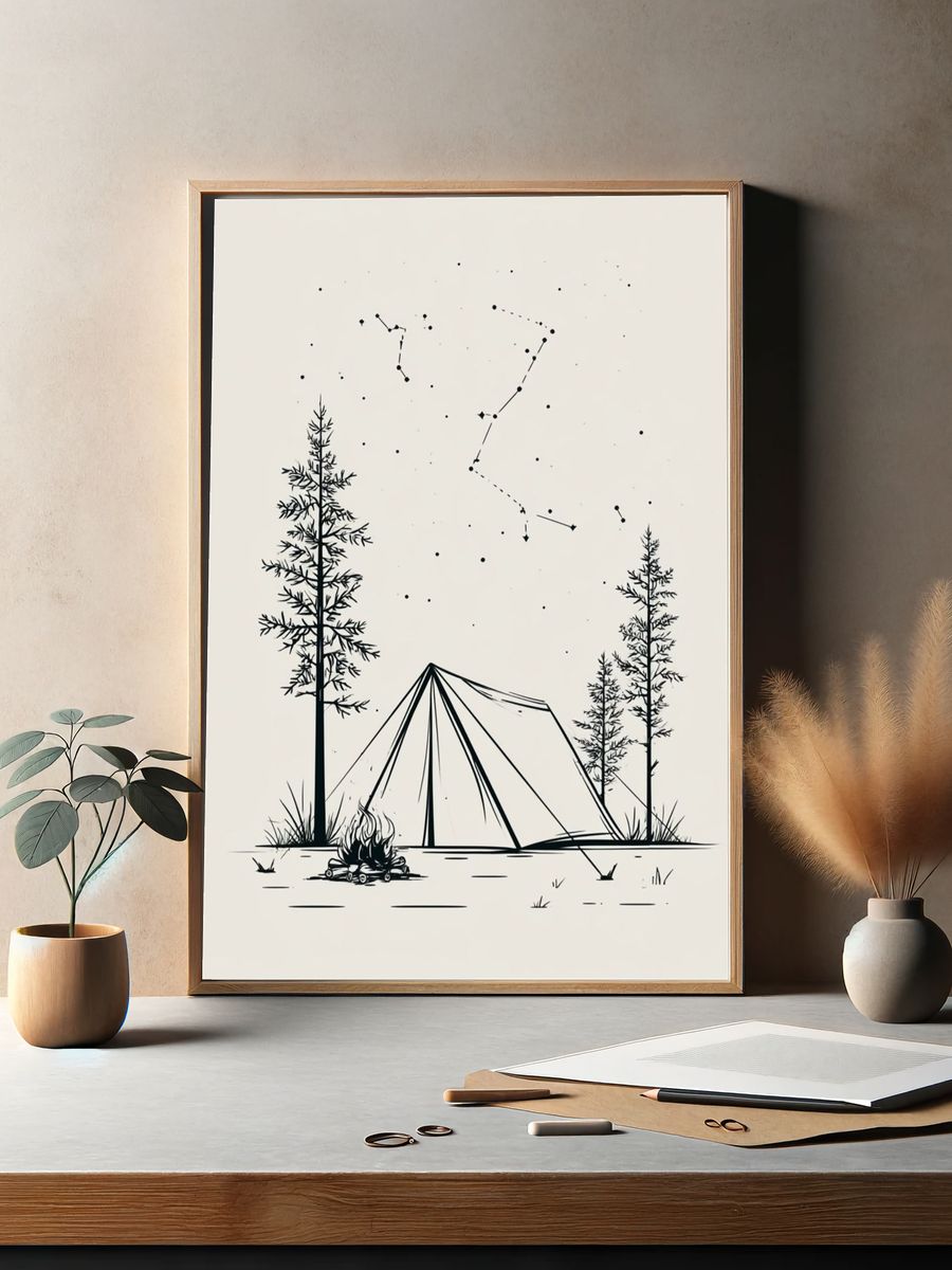 Starry Camping Scene Illustration Poster. — room view 2